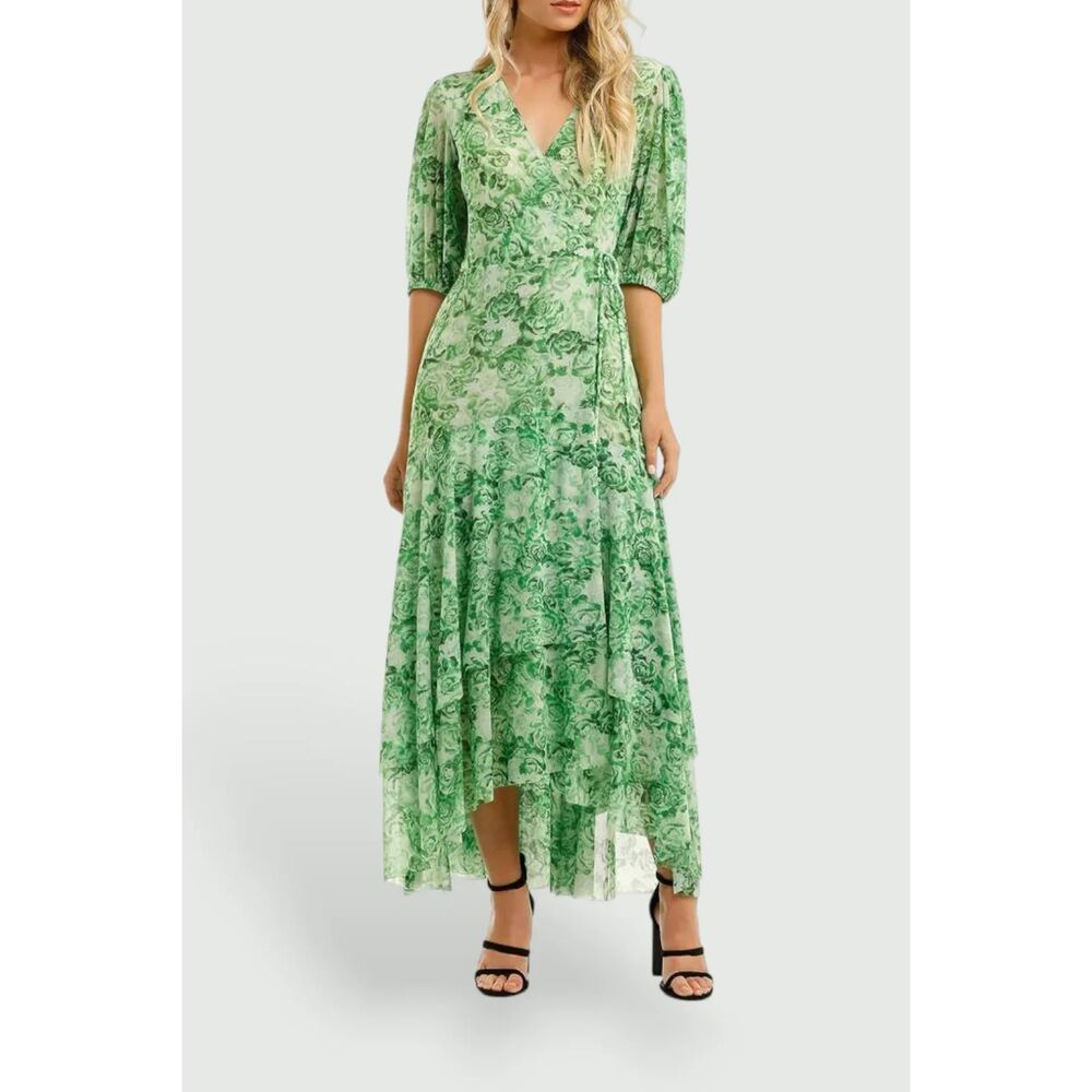 Ganni (EU 38) Island Green floral-print mesh wrap midi dress NWOT - Picture 2 of 9
